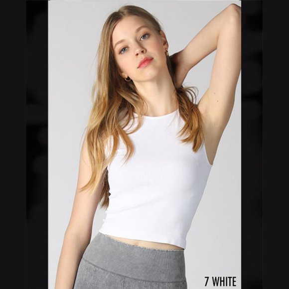 NEW White Ribbed High Neck Seamless Crop Top - Picture 1 of 3